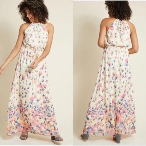 MODCLOTH Illuminated Elegance Chiffon Floral Maxi Dress, Size Small - Picture 1 of 8
